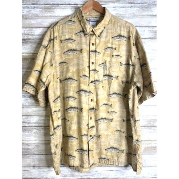 Columbia Sportswear Mens XXL River Lodge Fish Print Button-Up Shirt Short Sleeve - Picture 1 of 6